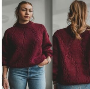 Anine Bing Mike Burgundy Cable Knit Fisherman Wool Blend Sweater Size Small